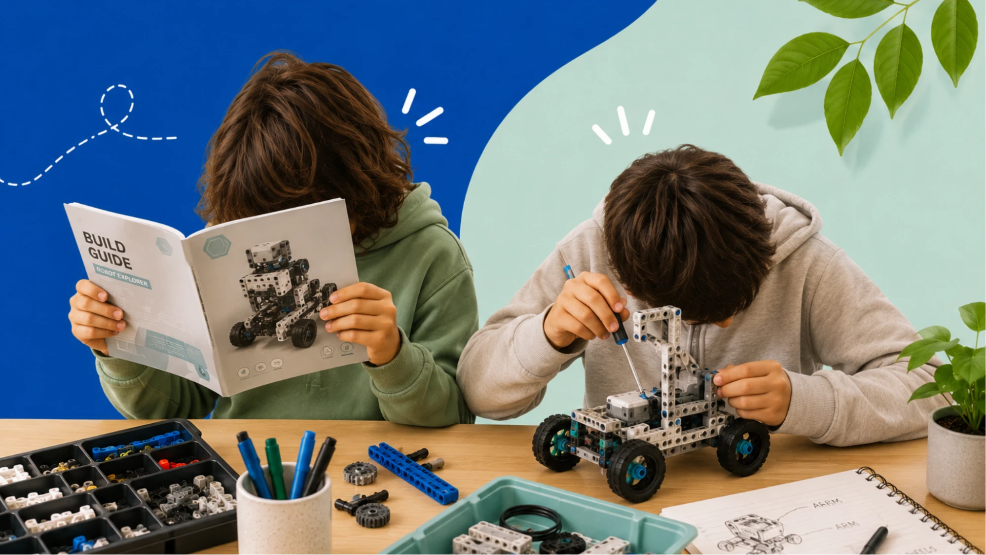 Two students building a robot car from a build guide at a desk