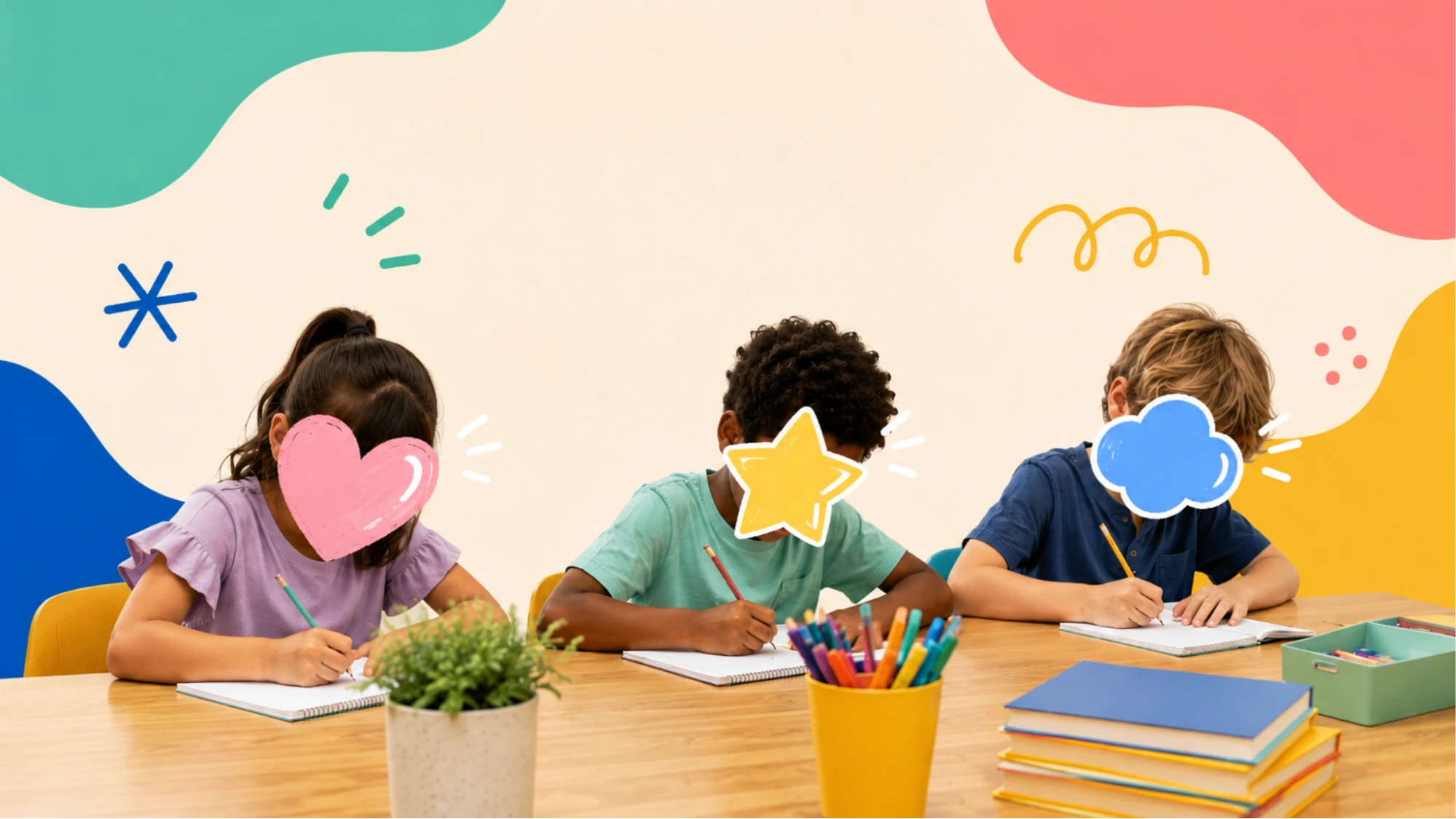 Three children writing in notebooks at a classroom table