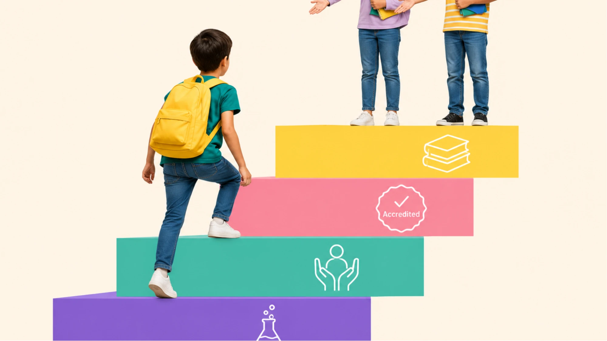 Child with a yellow backpack climbing colorful steps toward two classmates