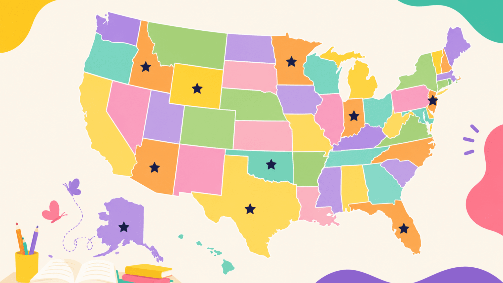 A colorful map of the United States with stars marking ten of the best states for homeschooling