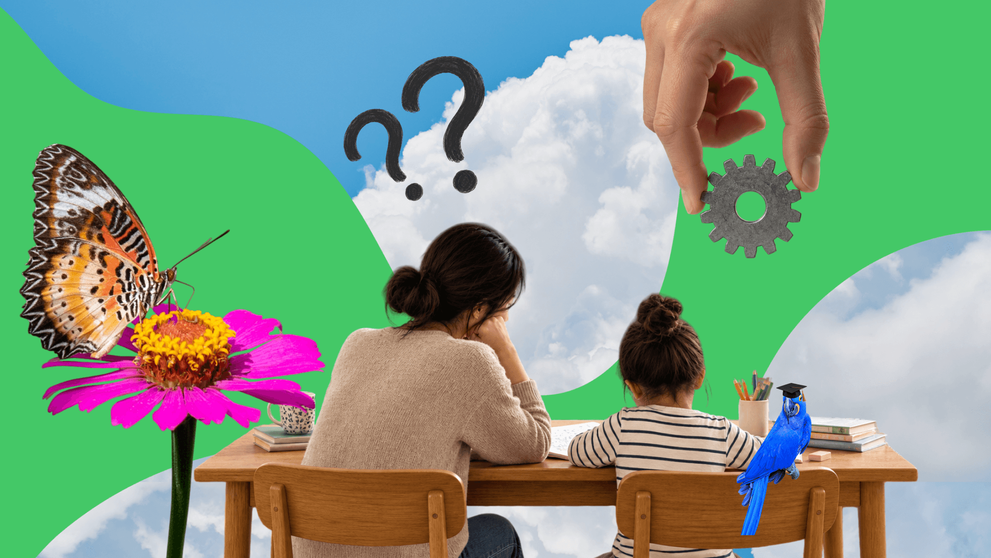 Illustration of a mother and daughter sitting at a homework desk, surrounded by symbols of curiosity and challenge — question marks, a gear, and a butterfly