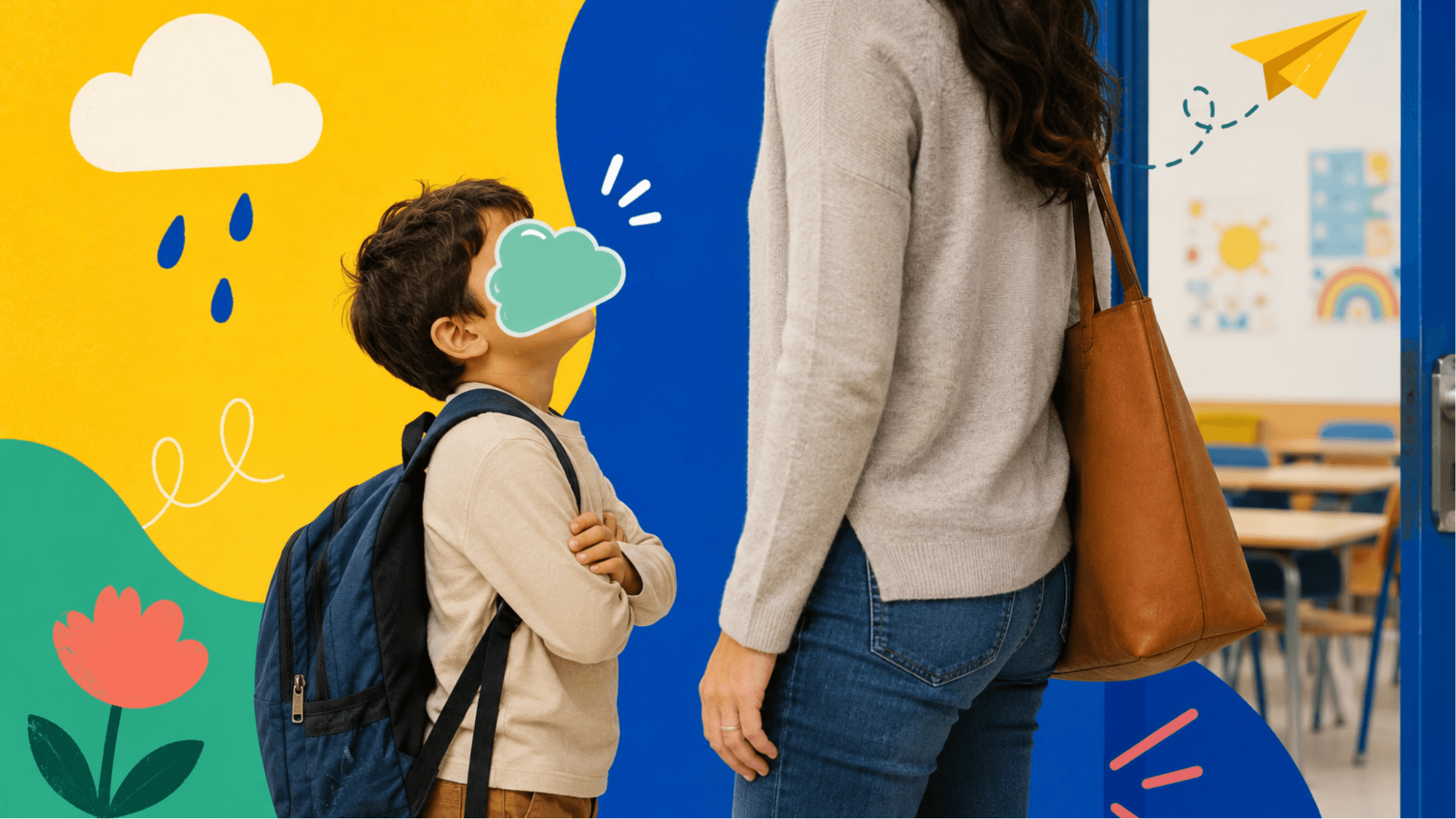 A child looking back reluctantly at their mother while standing outside a classroom door