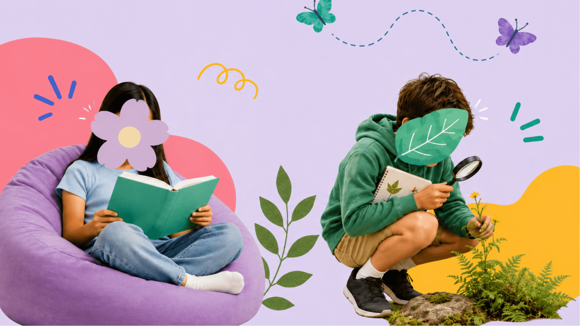 A girl reading on a beanbag and a boy examining a plant with a magnifying glass, illustrating online homeschooling in the UK